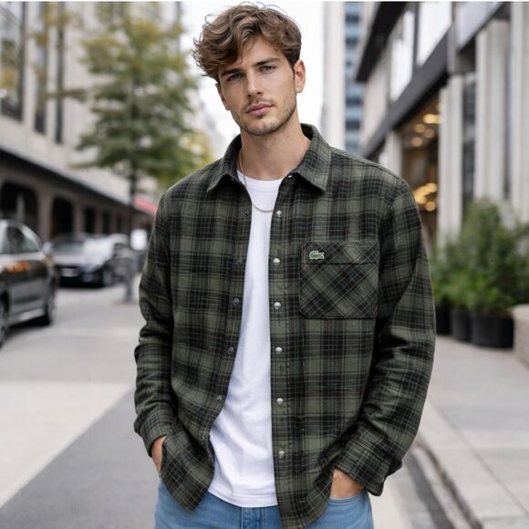 Lacoste Reversible Black Plaid Snap Button Shacket Preppy - Picture 8 of 16